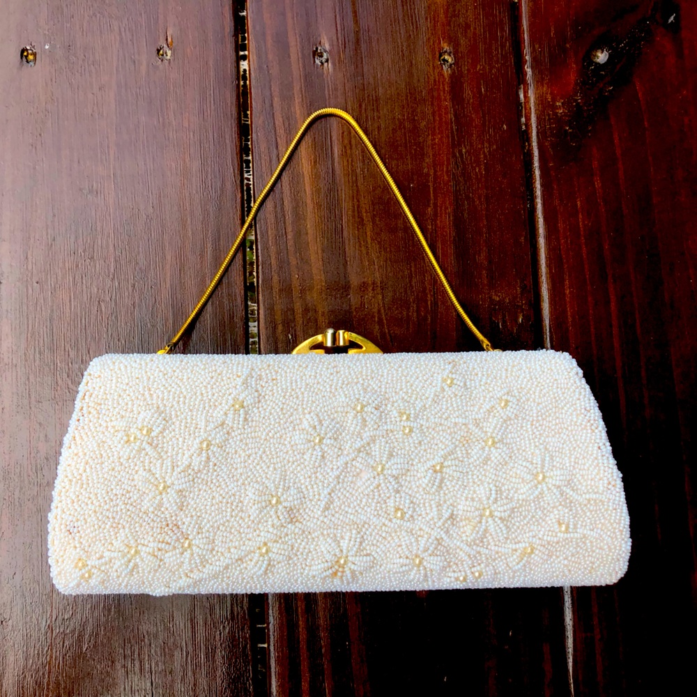 White Pearl Clutch. Hand Beaded. With coin pouch. Great condition!